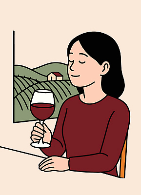 여자 행복 감정 여유 일러스트 자연 탁자 미소 풍경 일상 농장 평화 환경 와인 감상 레드와인 즐거움 포도밭 순간 음미 국내일러스트 AI파일 가구 컨셉 밭 농업 주류 표정 사람 라이프 생태계 파일형식 벡터