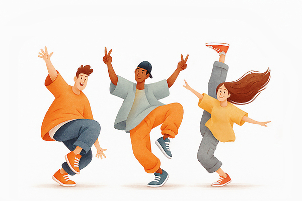 JPG 컬러 포즈 일러스트 모션 친구 청춘 모임 에너지 자유 표현 춤 유연 즐거움 모던 개성 소통 창의성 스타일 국내일러스트 AI일러스트 AI콘텐츠 감정 컨셉 관계 문화예술 파일형식