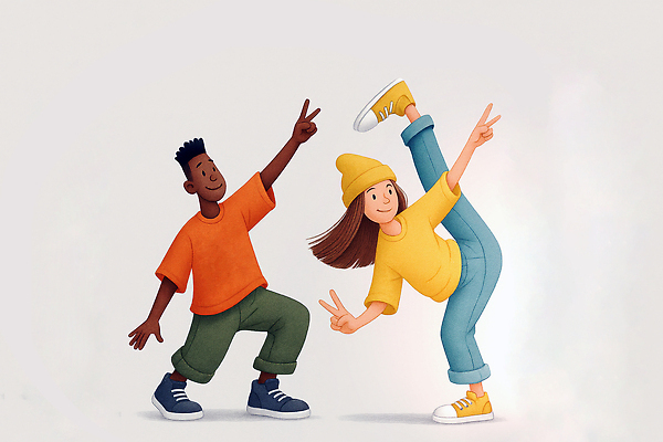 JPG 모자 여자 남자 포즈 백그라운드 신발 일러스트 모션 함께함 표정 웃음 친구 노란색 주황색 기쁨 춤 즐거움 가교 국내일러스트 AI일러스트 AI콘텐츠 건축물 잡화 감정 컬러 컨셉 관계 문화예술 사람 파일형식