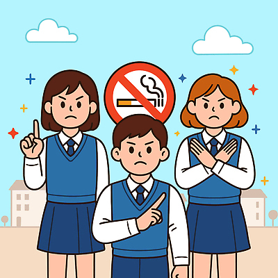 학생 교육 캠페인 일러스트 학교 모션 협력 건강 경고 미소 메시지 의식 사회이슈 동료 예방 금연 공공장소 국내일러스트 AI파일 컨셉 관계 표정 장소 파일형식 벡터