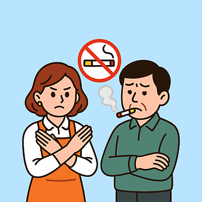 여자 남자 감정 일러스트 커뮤니케이션 흡연 담배 표정 건강 대화 경고 토론 금연 갈등 대치 비흡연자 정책 흡연자 국내일러스트 AI파일 캠페인 말하기 사람 사회이슈 파일형식 벡터