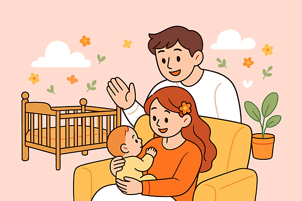 행복 화분 일러스트 가족 엄마 주택 실내 밝음 대화 사랑 미소 안전 세명 30대 부모 아기용품 육아 자녀 아기 인사 아빠 소통 아기침대 국내일러스트 AI파일 감정 컨셉 관계 표정 말하기 사람 내부 건물 장년 침대 예절 오브젝트 파일형식 벡터