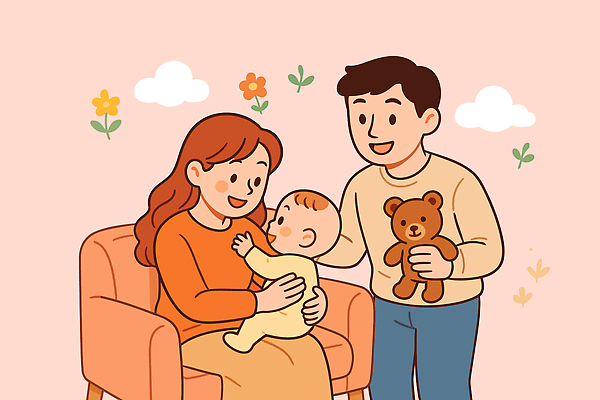 부부 행복 어린이 인형 일러스트 가정 가족 남편 협력 따뜻함 대화 사랑 웃음 상반신 세명 30대 친구 부모 소파 장난감 귀여움 아기 아내 소중 소통 수유 순간 국내일러스트 AI파일 커플 감정 컨셉 의자 관계 표정 말하기 사람 장년 파일형식 벡터