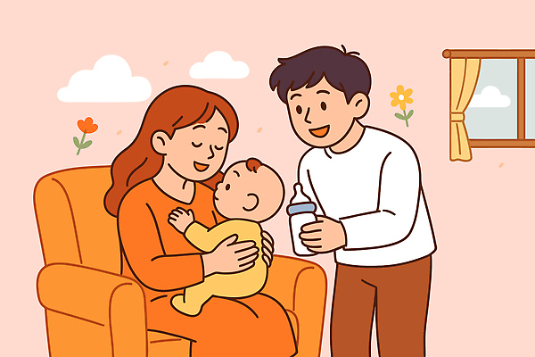 전신 부부 꽃 행복 어린이 일러스트 가족 실내 사랑 웃음 세명 30대 부모 소파 육아 아기 커튼 젖병 포근함 돌봄 보살핌 뷰티풀 순간 안락 달래기 국내일러스트 AI파일 식물 커플 감정 컨셉 의자 관계 모션 표정 사람 내부 장년 아기용품 감각 파일형식 벡터