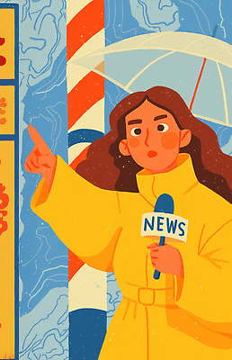 JPG 여자 컬러 백그라운드 일러스트 우산 손가락 날씨 표정 이벤트 촬영 정보 가리킴 기자 뉴스 빗자루 보고서 우비 소통 취재 국내일러스트 AI일러스트 AI콘텐츠 직업 손 옷 컨셉 사람 손짓 청소도구 파일형식