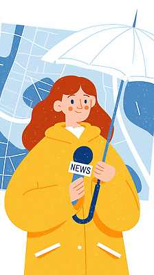 JPG 일러스트 우산 날씨 풍경 야외 노란색 촬영 정보 도시 기자 뉴스 빗자루 수집 마이크 방송 리포터 인터뷰 소통 취재 국내일러스트 AI일러스트 AI콘텐츠 직업 컬러 음향기기 컨셉 청소도구 파일형식