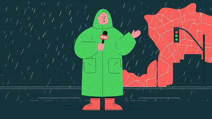 JPG 도로 일러스트 커뮤니케이션 날씨 거리 정보 도시 기자 뉴스 빗자루 알림 마이크 방송 우비 리포터 전송 취재 국내일러스트 AI일러스트 AI콘텐츠 직업 옷 길 음향기기 교통시설 청소도구 파일형식