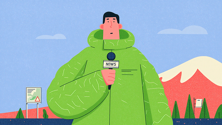 JPG 백그라운드 일러스트 자연 날씨 산 사람 환경 외투 정보 기자 뉴스 소식 마이크 준비 전달 리포터 국내일러스트 AI일러스트 AI콘텐츠 직업 음향기기 상의 생태계 파일형식