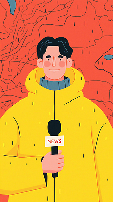 JPG 백그라운드 지도 일러스트 날씨 이야기 공간 정보 기자 뉴스 사건 빗자루 사회자 마이크 전달 방송 우비 인터뷰 흐림 국내일러스트 AI일러스트 AI콘텐츠 직업 옷 음향기기 청소도구 파일형식