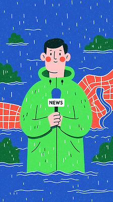 JPG 백그라운드 일러스트 날씨 조명 초록색 환경 촬영 습기 대기 기자 뉴스 보고 빗자루 빗방울 마이크 전달 우비 리포터 국내일러스트 AI일러스트 AI콘텐츠 직업 옷 컬러 음향기기 발표 비_날씨 청소도구 파일형식