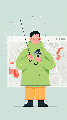 JPG 남자 지도 일러스트 우산 모션 날씨 외투 정보 도시 기자 뉴스 일기예보 빗자루 보고서 준비 언론 소통 취재 국내일러스트 AI일러스트 AI콘텐츠 직업 컨셉 상의 사람 청소도구 파일형식