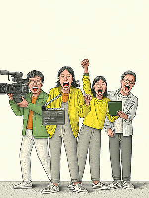 JPG 일러스트 모션 협력 친구 카메라 촬영 기쁨 표현 클래퍼보드 영화 즐거움 준비 열정 순간 창의성 프로젝트 국내일러스트 AI일러스트 AI콘텐츠 감정 관계 문화예술 전자제품 파일형식