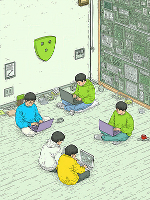 JPG 교육 컬러 일러스트 모션 놀이 바닥 실내 친구 노트북 학습 컴퓨터 공간 과학기술 그룹 집중 모던 소통 창의력 상호작용 국내일러스트 AI일러스트 AI콘텐츠 컨셉 관계 기술 내부 전자제품 파일형식