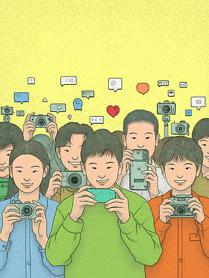 JPG 백그라운드 일러스트 모션 표정 대화 이벤트 여러명 친구 스마트폰 노란색 카메라 촬영 기록 사회 즐거움 클럽 세대 소통 순간 상호작용 국내일러스트 AI일러스트 AI콘텐츠 감정 컬러 다수 컨셉 관계 말하기 사람 전자제품 핸드폰 스마트기기 공동체 파일형식