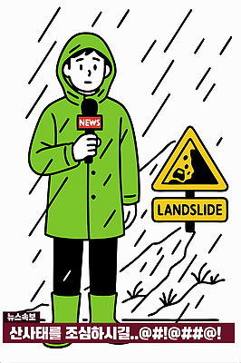 일러스트 날씨 경고 안전 풍경 환경 정보 기자 뉴스 보호 위험 홍수 자연재해 빗자루 마이크 우비 지역 산사태 국내일러스트 AI파일 직업 옷 음향기기 컨셉 청소도구 재해 파일형식 벡터