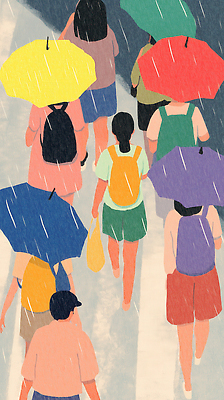 JPG 컬러 가방 일러스트 우산 모션 거리 대화 풍경 여러명 일상 걷기 만남 물방울 도심 빗자루 즐거움 우비 장마 소음 오후 국내일러스트 AI일러스트 AI콘텐츠 잡화 옷 감정 다수 컨셉 말하기 사람 라이프 소리 도시 비_날씨 청소도구 파일형식