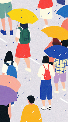 JPG 옷 감정 이동 일러스트 우산 날씨 거리 바닥 거리풍경 풍경 여러명 걷기 모임 보행자 빗자루 장마 국내일러스트 AI일러스트 AI콘텐츠 다수 컨셉 모션 사람 비_날씨 청소도구 파일형식