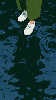 JPG 감정 컬러 신발 일러스트 자연 바닥 그림자 물 반사 걷기 촉촉함 흰색 물방울 신선 도시 분위기 빗자루 외출 흔들림 웅덩이 조용 장마 국내일러스트 AI일러스트 AI콘텐츠 자연요소 컨셉 모션 젖음 비_날씨 청소도구 생태계 파일형식