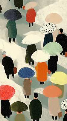 JPG 컬러 패턴 일러스트 우산 모션 날씨 거리 사람 풍경 여러명 일상 걷기 모임 도시 시간 사회 분위기 빗자루 장마 조화 국내일러스트 AI일러스트 AI콘텐츠 다수 컨셉 무늬 라이프 비_날씨 청소도구 공동체 파일형식