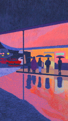 JPG 창 여유 예술 컬러 일러스트 우산 하늘 풍경 여러명 물 반사 노을 고요 모임 도시 시간 저녁 빗자루 그림 장마 국내일러스트 AI일러스트 AI콘텐츠 자연요소 감정 무기 다수 사람 비_날씨 야간 청소도구 파일형식