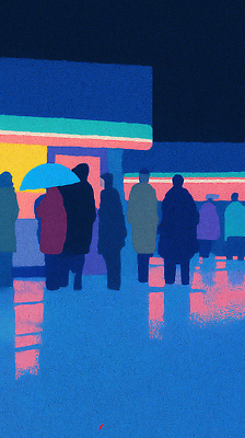 JPG 컬러 패턴 일러스트 우산 모션 거리 풍경 여러명 빛 반사 어둠 외투 모임 관찰 도시 화려 그룹 저녁 빗자루 네온 장마 국내일러스트 AI일러스트 AI콘텐츠 다수 컨셉 상의 무늬 사람 비_날씨 야간 청소도구 파일형식