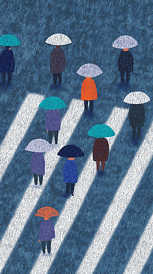 JPG 모양 컬러 패턴 일러스트 우산 모션 날씨 거리 풍경 여러명 일상 도시 사회 보행자 횡단보도 빗자루 장마 조화 청신호 행진 수평선 국내일러스트 AI일러스트 AI콘텐츠 다수 무늬 사람 라이프 비_날씨 보행로 신호등 청소도구 공동체 파일형식