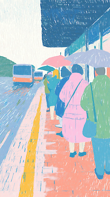 JPG 옷 컬러 일러스트 우산 날씨 거리 버스 대중교통 한국 풍경 여러명 일상 대기 도시 빗자루 장마 줄서기 국내일러스트 AI일러스트 AI콘텐츠 아시아 육상교통 교통수단 다수 모션 사람 라이프 비_날씨 청소도구 파일형식