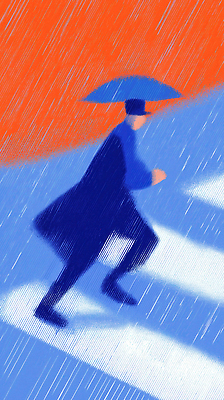 JPG 남자 길 컬러 패턴 일러스트 우산 날씨 거리 풍경 생활 빨간색 걷기 외투 회색 도시 빗자루 장면 우비 장마 흐림 국내일러스트 AI일러스트 AI콘텐츠 옷 상의 무늬 모션 사람 비_날씨 청소도구 파일형식