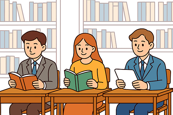 학생 여자 교육 남자 일러스트 조명 사람 책 학습 독서 교양 분위기 도서관 서재 편안함 집중 페이지 나무탁자 국내일러스트 AI파일 컨셉 탁자 감각 파일형식 벡터