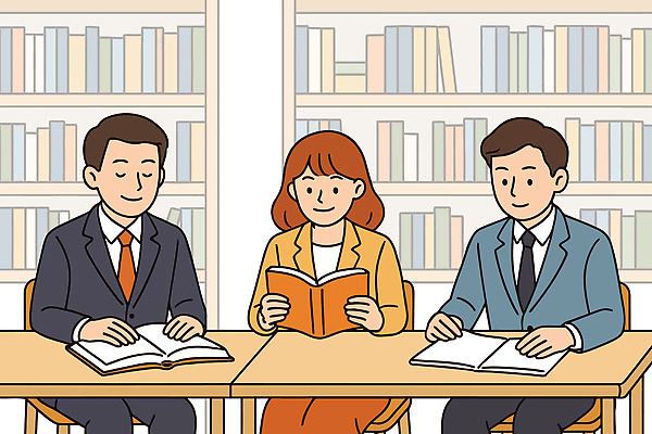 여자 교육 남자 일러스트 아이디어 실험 대화 정장 책 세명 학습 독서 환경 주황색 교양 정보 도서관 집중 책상 국내일러스트 AI파일 옷 컬러 가구 컨셉 말하기 사람 파일형식 벡터