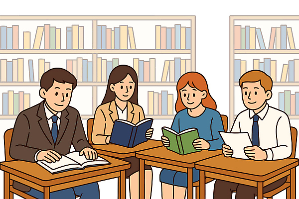 학생 교육 일러스트 모션 커뮤니케이션 실험 사람 취미 책 친구 학습 독서 교양 정보 시간 분위기 도서관 집중 책상 국내일러스트 AI파일 가구 컨셉 관계 파일형식 벡터