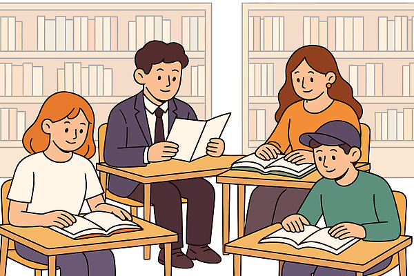 학생 교육 일러스트 수업 커뮤니케이션 협력 함께함 실험 대화 책 학습 교사 자료 교양 그룹 도서관 집중 읽기 국내일러스트 AI파일 직업 컨셉 모션 말하기 파일형식 벡터