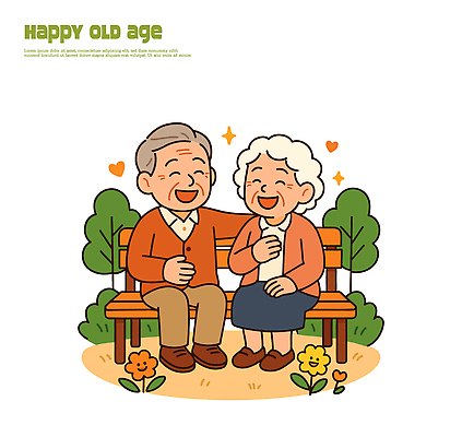 부부 공원 노년 행복 감정 여유 벤치 일러스트 자연 대화 사랑 웃음 노부부 추억 즐거움 소통 색감 상호작용 국내일러스트 AI파일 커플 공공시설 컨셉 의자 표정 말하기 성인 생태계 파일형식 벡터