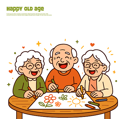 노년 행복 감정 예술 일러스트 탁자 색연필 웃음 취미 즐거움 그림 커뮤니티 친목 공동체 동아리 창의성 노화 상호작용 국내일러스트 AI파일 가구 컨셉 학용품 표정 성인 파일형식 벡터