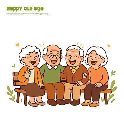 노년 행복 벤치 일러스트 동화 따뜻함 대화 웃음 취미 친구 팔짱 우정 만남 편안함 동반자 국내일러스트 AI파일 감정 컨셉 의자 관계 모션 표정 말하기 성인 감각 파일형식 벡터