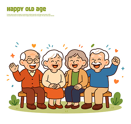 노년 행복 벤치 일러스트 해바라기 함께함 따뜻함 대화 웃음 취미 친구 노후 평화 정원 즐거움 소통 친목 국내일러스트 AI파일 꽃 감정 컨셉 의자 관계 표정 말하기 성인 파일형식 벡터