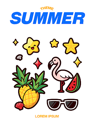 캐릭터 디자인 별 바다 컬러 일러스트 휴가 열대 수박 장식 여름 표현 플라밍고 파인애플 즐거움 열대과일 조화 생동감 테마 국내일러스트 일러캐릭터 AI파일 자연요소 계절 감정 과일 조류 파일형식 벡터