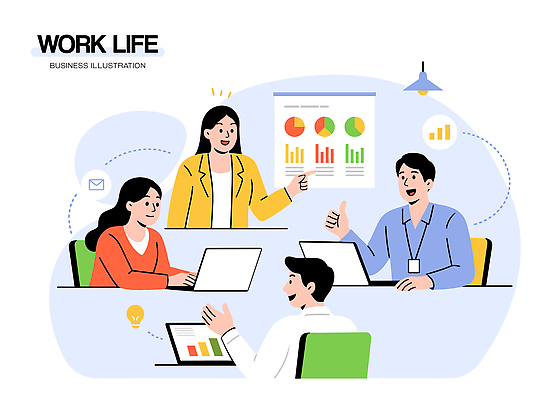 일러스트 탁자 회의 커뮤니케이션 그래프 협력 아이디어 노트북 태블릿 사무실 자료 업무 발표 목표 집중 분석 기획 전략 의견 피드백 국내일러스트 AI파일 가구 컨셉 비즈니스 전자제품 스마트기기 작업 파일형식 벡터