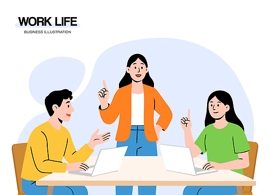 여자 남자 일러스트 탁자 회의 커뮤니케이션 협력 아이디어 직장 대화 비즈니스라이프 노트북 사무실 업무 작업 토론 집중 동료 브레인스토밍 국내일러스트 AI파일 라이프스타일 가구 컨셉 회사 비즈니스 관계 말하기 사람 전자제품 파일형식 벡터