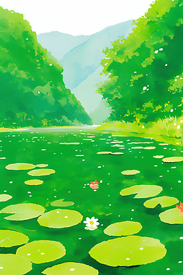 JPG 식물 여유 일러스트 자연 하늘 생명 아침 풍경 초록색 물 여름 햇빛 반사 평화 일출 연못 숲 시원함 연습 조화 국내일러스트 AI일러스트 AI콘텐츠 주간 자연요소 계절 감정 컬러 컨셉 태양 노을 생태계 파일형식