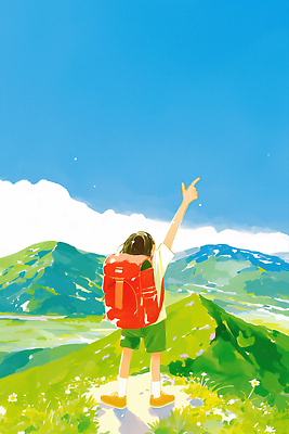 JPG 구름 여행 일러스트 배낭 자연 하늘 산 표정 풍경 소년 초원 여름 햇빛 환경 등산 기쁨 자유 도전 정상 즐거움 국내일러스트 AI일러스트 AI콘텐츠 자연요소 계절 남자 감정 어린이 컨셉 가방 태양 트래킹 생태계 파일형식