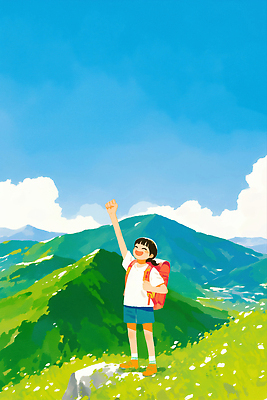 JPG 식물 구름 행복 여행 백그라운드 일러스트 자연 산 풍경 소년 여름 등산 트래킹 하이킹 도전 산맥 국내일러스트 AI일러스트 AI콘텐츠 자연요소 계절 남자 감정 어린이 레저 생태계 파일형식