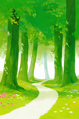 JPG 나무 식물 꽃 길 컬러 일러스트 자연 생명 풍경 잔디 초원 초록색 여름 햇빛 평화 산책로 원근감 들꽃 신선 숲 조경 국내일러스트 AI일러스트 AI콘텐츠 계절 뷰포인트 컨셉 태양 생태계 파일형식