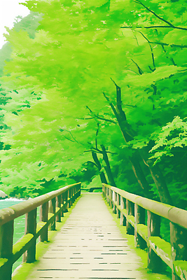 JPG 식물 길 일러스트 자연 생명 휴식 산 풍경 야외 초록색 물 햇빛 평화 소리 산책 통로 조화 나무다리 탐방 국내일러스트 AI일러스트 AI콘텐츠 자연요소 컬러 컨셉 태양 다리_건축물 생태계 파일형식