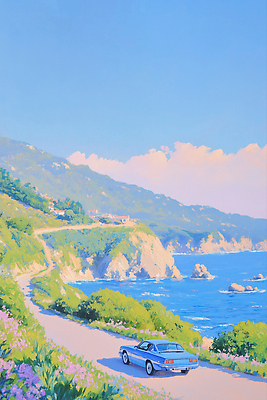 JPG 도로 바다 컬러 여행 일러스트 자동차 자연 하늘 풍경 해변 여름 평화 절벽 드라이브 신선 즐거움 녹지 뷰티풀 경관 국내일러스트 AI일러스트 AI콘텐츠 계절 감정 길 육상교통 컨셉 교통시설 운전 생태계 파일형식