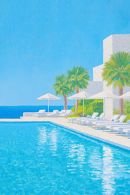 JPG 바다 여행 일러스트 리조트 휴가 휴식 수영장 야외 여름 야자수 태양 고급 편안함 Tranquility 국내일러스트 AI일러스트 AI콘텐츠 자연요소 나무 계절 컨셉 감각 파일형식