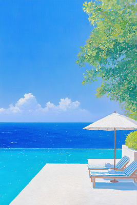 JPG 나무 여유 바다 여행 의자 일러스트 자연 하늘 휴식 수영장 풍경 해변 여름 파란색 선탠 그늘 조용 국내일러스트 AI일러스트 AI콘텐츠 식물 계절 감정 컬러 가구 컨셉 생태계 파일형식