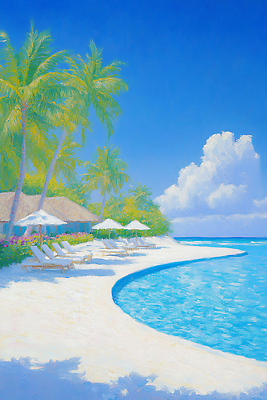 JPG 구름 여유 파도 바다 여행 일러스트 자연 휴가 휴식 열대 따뜻함 풍경 해변 여름 모래사장 야자수 햇빛 평화 상쾌 선베드 뷰티풀 국내일러스트 AI일러스트 AI콘텐츠 자연요소 나무 계절 감정 컨셉 의자 태양 생태계 파일형식