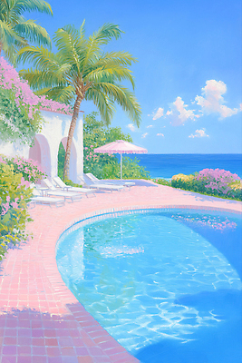 JPG 바다 일러스트 자연 리조트 휴식 수영장 풍경 해변 여름 햇빛 수영 파라솔 열대식물 휴양지 뷰티풀 색감 오후 국내일러스트 AI일러스트 AI콘텐츠 식물 계절 컨셉 태양 장소 수상스포츠 생태계 파일형식