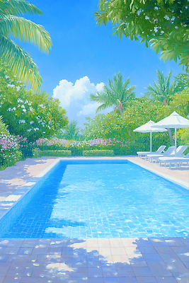 JPG 꽃 의자 일러스트 자연 휴가 휴식 수영장 풍경 물 여름 파란색 야자수 햇빛 평화 노을 정원 파라솔 편안함 그늘 국내일러스트 AI일러스트 AI콘텐츠 자연요소 나무 식물 계절 컬러 가구 컨셉 태양 감각 생태계 파일형식